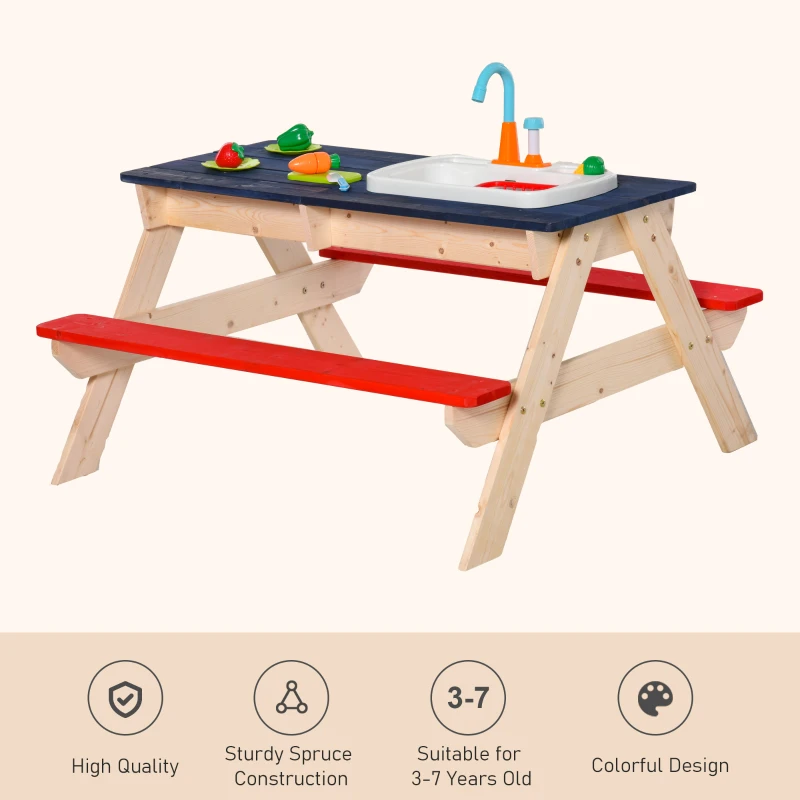 Outsunny Sand & Water Table with Sandbox, Outdoor  with Kitchen Toys, Kids Picnic Table and Bench Set Water Circulation Faucet and Vegetable Accessories
