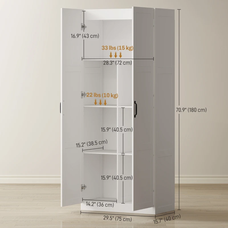 HOMCOM 71" Tall Farmhouse Pantry Cabinet, Kitchen Pantry Storage Cabinet with Soft-Close Hinges, Adjustable Shelves, White