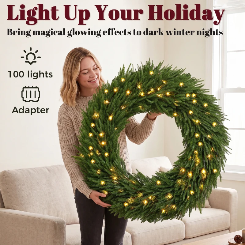 HOMCOM Christmas Decoration, 36 in Pre-Lit Norfolk Pine Artificial Christmas Wreath with 100 LED Lights, Green