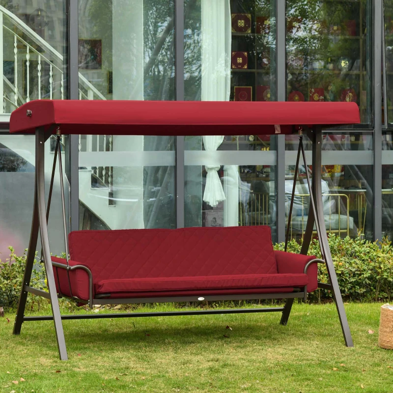 Outsunny 3 Person Patio Swing Chair Bed, Converting Flatbed, Outdoor Porch Swing Bed Glider with Adjustable Canopy, Removable Cushions, Pillows, for Garden, Poolside, Backyard, Red