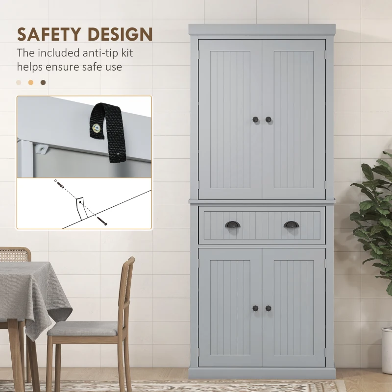 HOMCOM 72" Traditional Freestanding Kitchen Pantry Cabinet Cupboard with Doors and 3 Adjustable Shelves, Gray