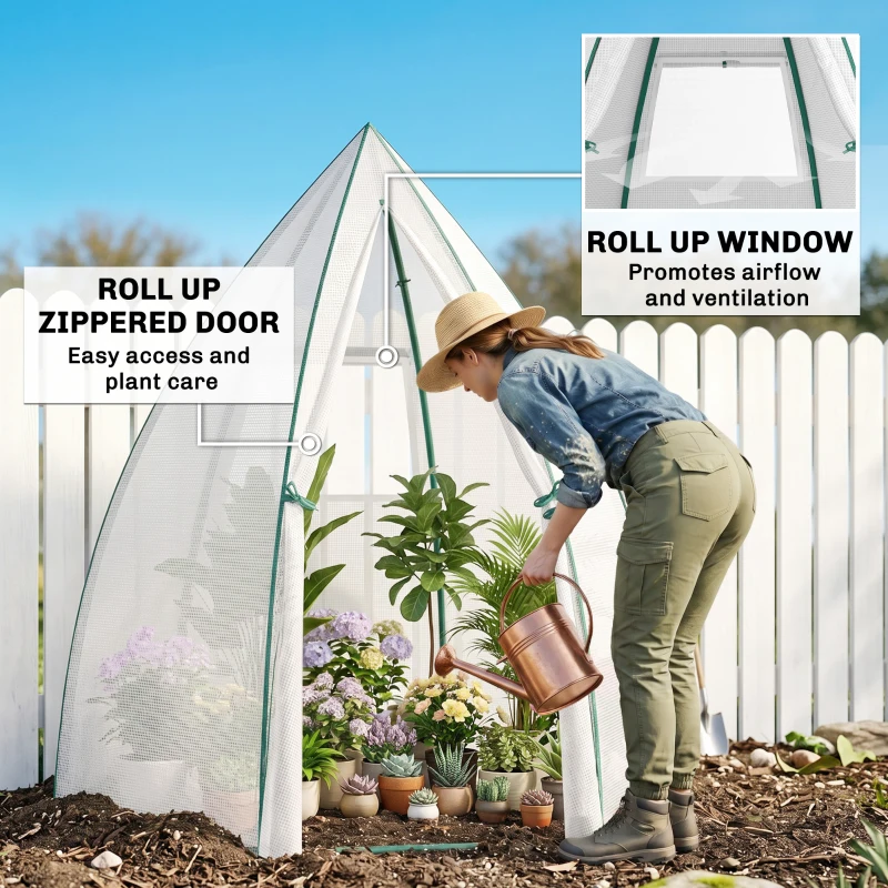 Outsunny 63" x 54" x 71" Tent-Style Mini Greenhouse, Portable Hot House for Plants with Zipper Roll Up Door and Window for Outdoor, Garden, Patio, White