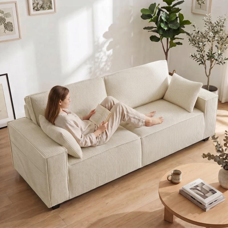 HOMCOM 86" 3 Seater Sofa, Modern Corduroy Upholstered Couch, Beige