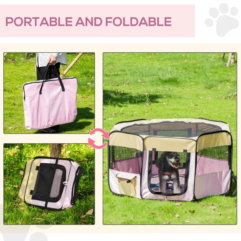 PawHut 49-inch Large Exercise Puppy Pet Playpen Portable Dog Cat Pet Play Pen Pet Cage Tent Kennel Crate Pink Carry Bag Included
