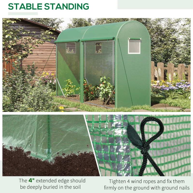 Outsunny 10' x 3' x 7' Walk-in Lean-to Greenhouse, Steel, 4 Zipper Roll-up Windows & 2 Doors, UV Protecting PE Cover, Green