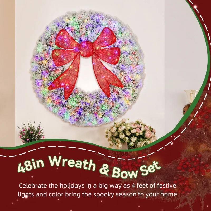 HOMCOM 48in Flocked Pre-Lit Christmas Wreath with 3D Red Bow, 11 Lighting Modes, Front Door Christmas Wreath with Remote