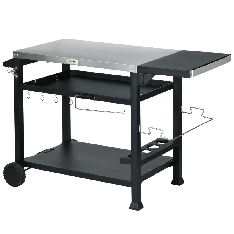 Outsunny 3-Shelf Outdoor Grill Cart Table with Foldable Side Table and Stainless Steel Table Top, Pizza Oven Stand on Wheels
