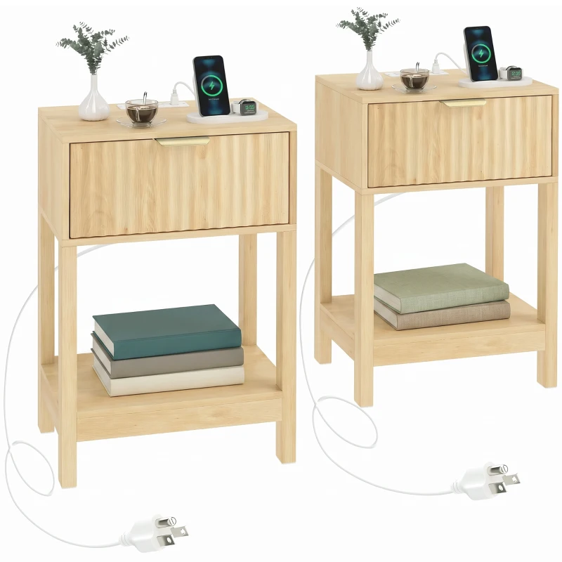 HOMCOM Modern Nightstand Set of 2, Slim Bedside Table with Drawer, Open Shelf and Built-in Charging for Bedroom, Oak