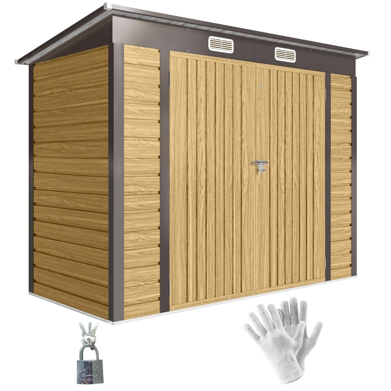 Outsunny 8 x 4FT Galvanized Garden Storage Shed, Metal Outdoor Shed with Double Doors and 2 Vents, Oak