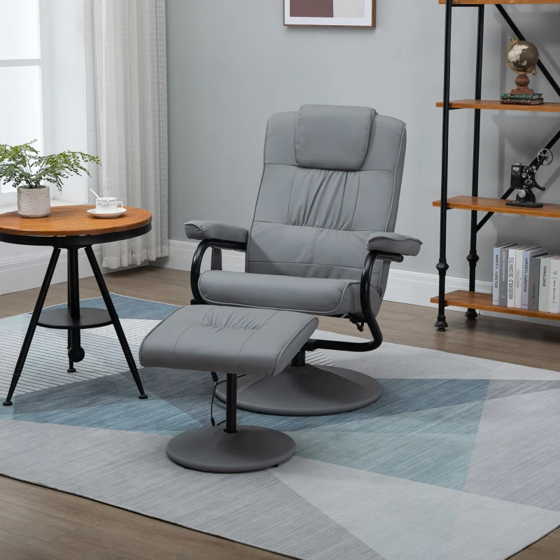 HOMCOM Massaging Faux Leather Recliner Chair and Ottoman Set, Swivel Vibration and Heat Massage Lounge Chair with Six Massage Points and Remote Control for Living Room, Bedroom, or Office, Gray
