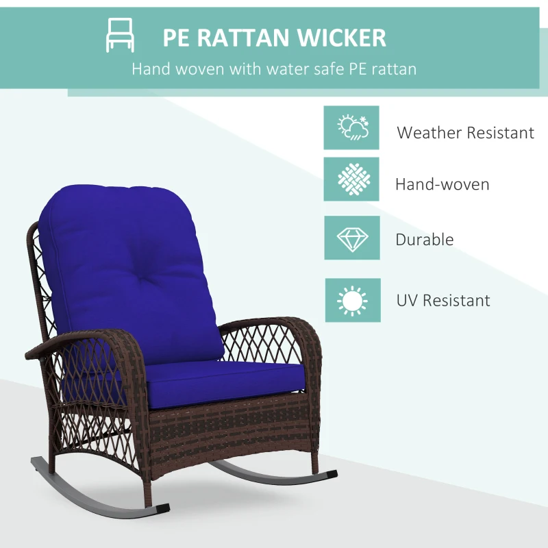 Outsunny Rattan Porch Rocker w/ Plush Cushion, Dark Blue
