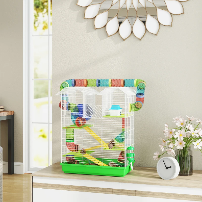 PawHut 18.5" 5 Tier Hamster Cage with Tubes and Tunnels, Small Animal Cage, Rat Gerbil Cage with Water Bottle, Food Dish, Exercise Wheel, Green