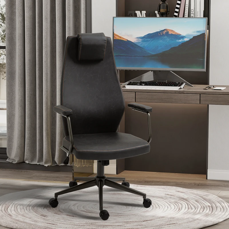 Vinsetto High-Back Executive Office Chair, Ergonomic Leather Computer Desk Chair with Adjustable Height, Removable Headrest and 360 Swivel Wheels, Deep Grey