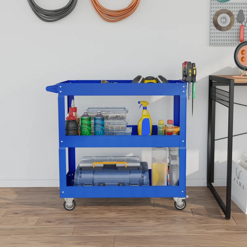 DURHAND 3 Tier Rolling Tool Cart with Wheels, 330 LBS Capacity Heavy Duty Utility Cart, Mobile Service Cart for Garage, Blue
