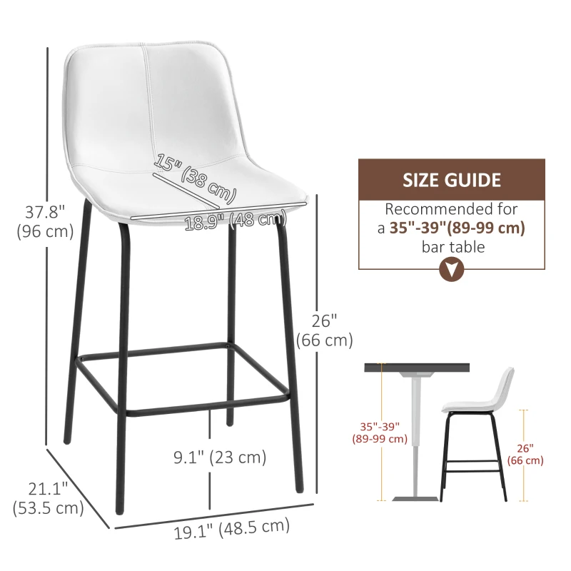 HOMCOM Bar Stools Set of 2, Upholstered Counter Height Bar Chairs, Kitchen Stools with Steel Legs