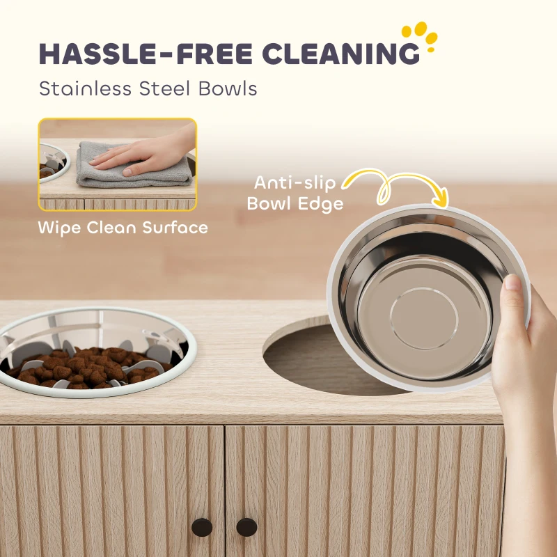 PawHut Raised Dog Bowls with Storage, Slow Feeder,  2 Stainless Steel Food and Water Bowl Non-Slip, Oak