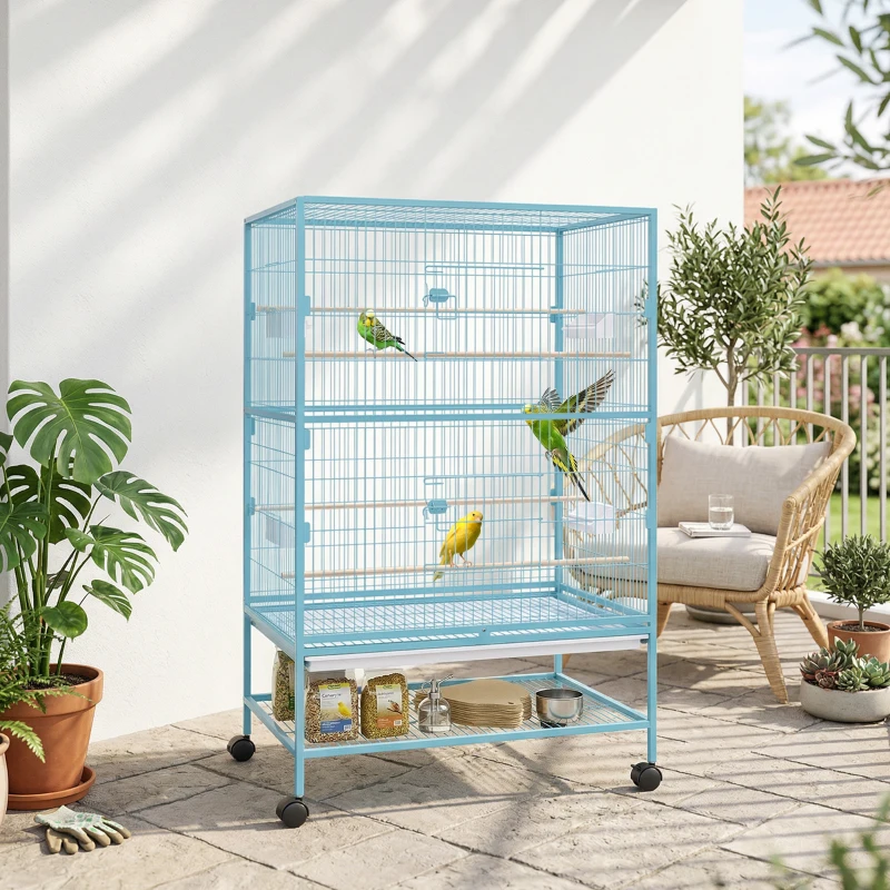 PawHut 52'' Large Rolling Steel Bird Cage Bird House with Rolling Stand, Storage Shelf, Wood Perch, Food Container, Light Blue