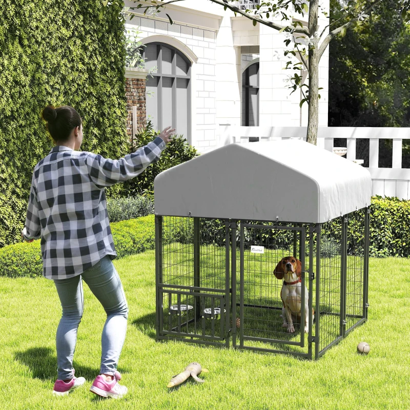 PawHut Welded Wire Outdoor Dog Kennel with 360° Rotating & 4 Levels Adjustable Bowls, Waterproof Cover, 3.9' x 3.9' x 4.5'