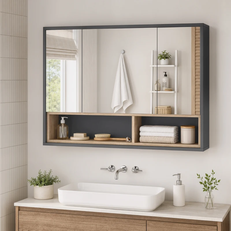 HOMCOM Wall Mounted Bathroom Medicine Cabinet with Mirror and Shelves, Grey