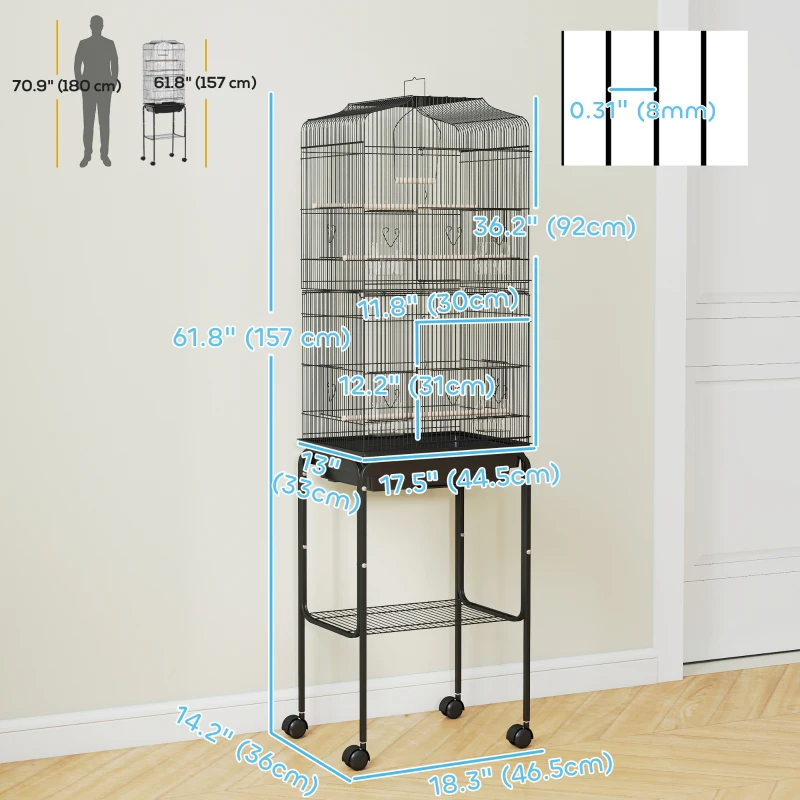 PawHut 62" Rolling Bird Cage Cockatoo House Play Top Finch Pet Supply with Storage Shelf, Wheels - Black