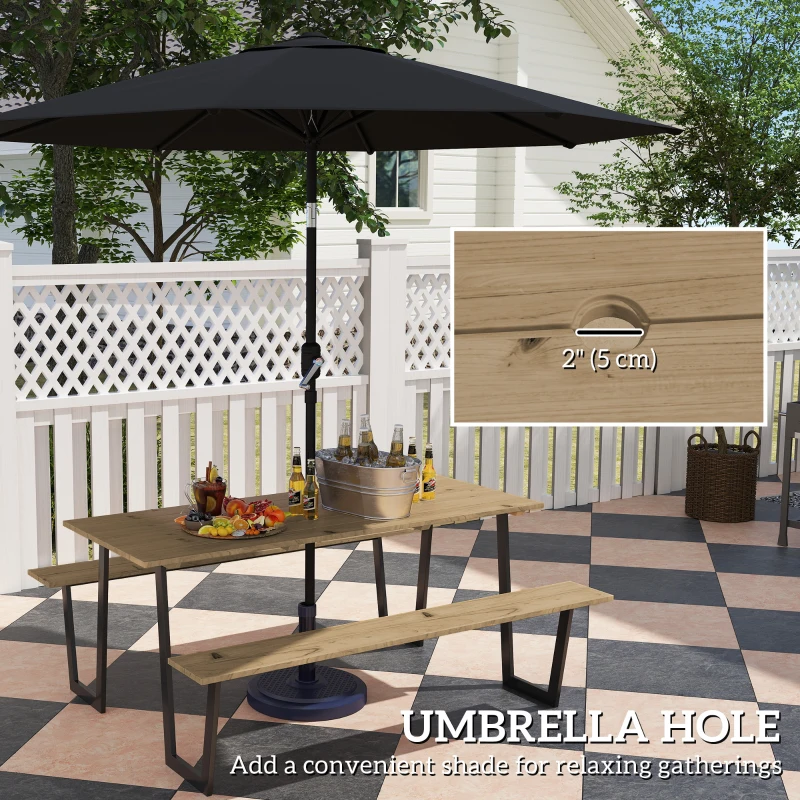 Outsunny 5.7 FT Outdoor Picnic Table with 2" Umbrella Hole, Spruce Wood Dining Table and 795 LBS Benches with Steel Frame, Brown