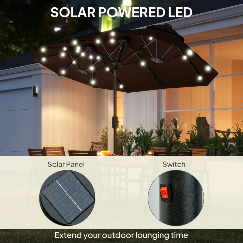 Outsunny 10FT Double-Sided Patio Umbrella with Solar Lights and Sandbag Base, Outdoor Umbrella with Push Button Tilt, Crank, Air Vents for Garden, Backyard, Deck, Pool, Market, Coffee