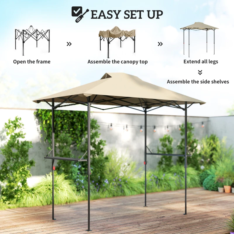 Outsunny 5 x 8.5 ft Pop Up Grill Gazebo with 2 Shelves, UPF 50+ Outdoor Instant Canopy Portable Shelter with Carry Bag, Khaki