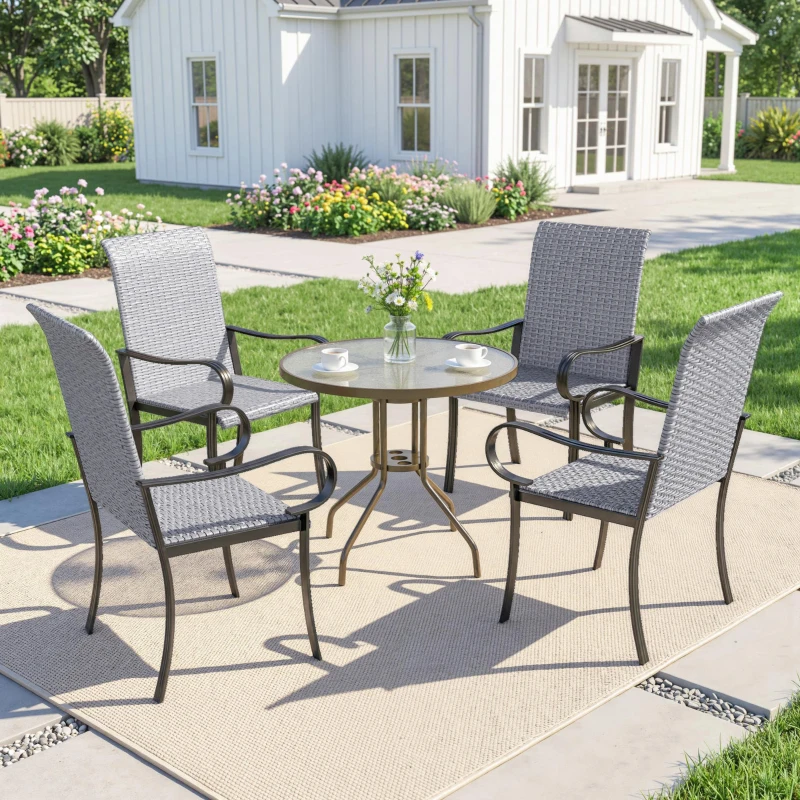 Outsunny Set of 4 Outdoor Wicker Dining Chairs with Armrest, Steel Frame, High Back and Deep Seating, Gray