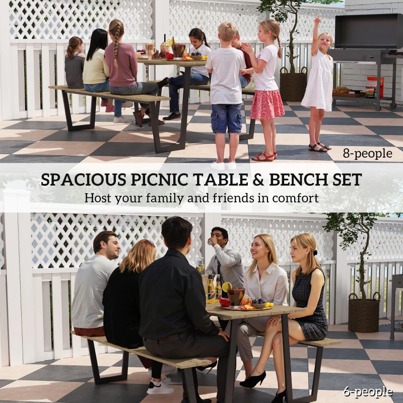 Outsunny 5.7 FT Outdoor Picnic Table with 2" Umbrella Hole, Spruce Wood Dining Table and 795 LBS Benches with Steel Frame, Brown