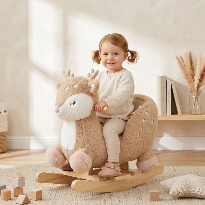 Qaba Baby Rocking Horse for Toddlers 1-3 Years, Spotted Deer Rocking Horse Toy with Sounds, Seat Belt and Widened Base, Brown