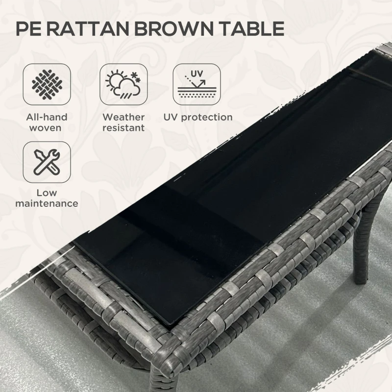 Outsunny 20" Patio Wicker Coffee Table, Outdoor PE Rattan Two-tier Side Table with Glass Top, for Patio, Garden, Balcony, Mixed Grey