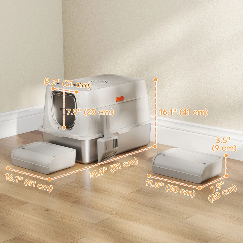 PawHut XL Stainless Steel Cat Litter Box, Kitty Litter Box with Flip Cover, Pedal, Deodorizer, for Big Cats
