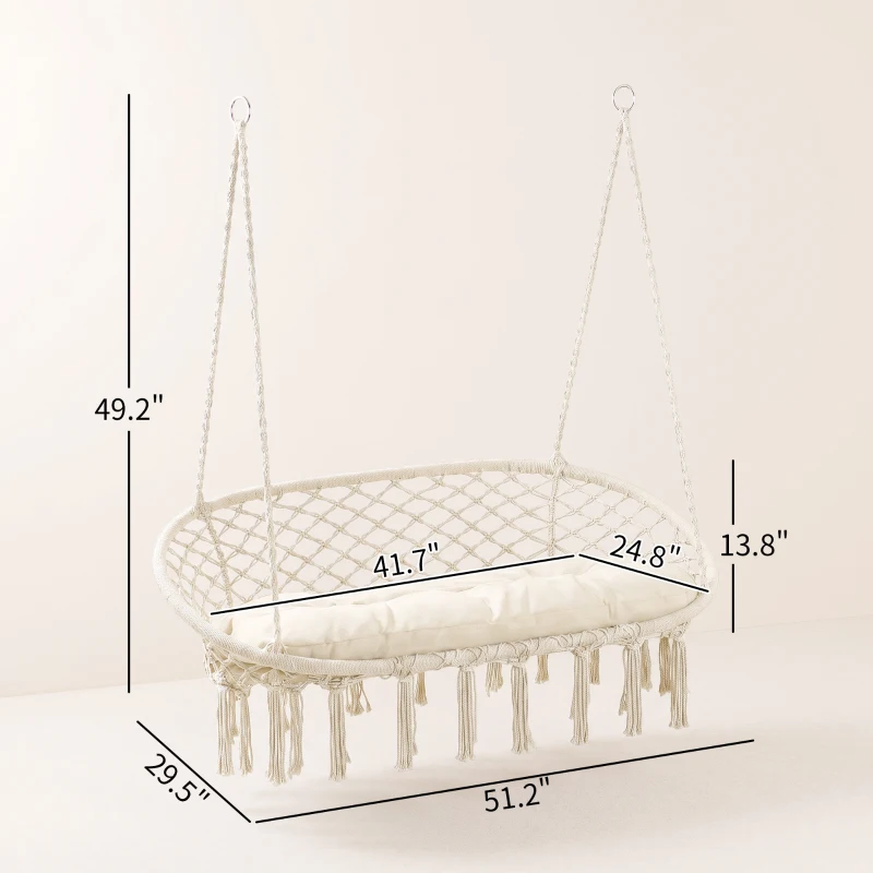 Outsunny 2-Person Hammock Chair Macrame Swing with Soft Cushion, Hanging Cotton Rope Chair for Indoor Outdoor Home Patio Backyard, White