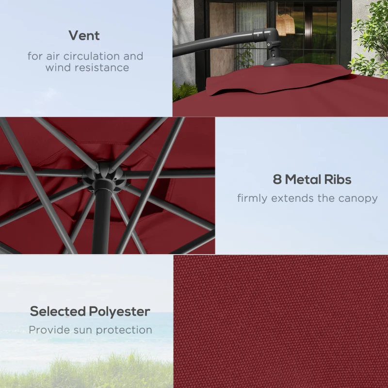 Outsunny 9.7ft Offset Patio Umbrella Garden Hanging Parasol Banana Cantilever Umbrella with Base, Crank, Wine Red
