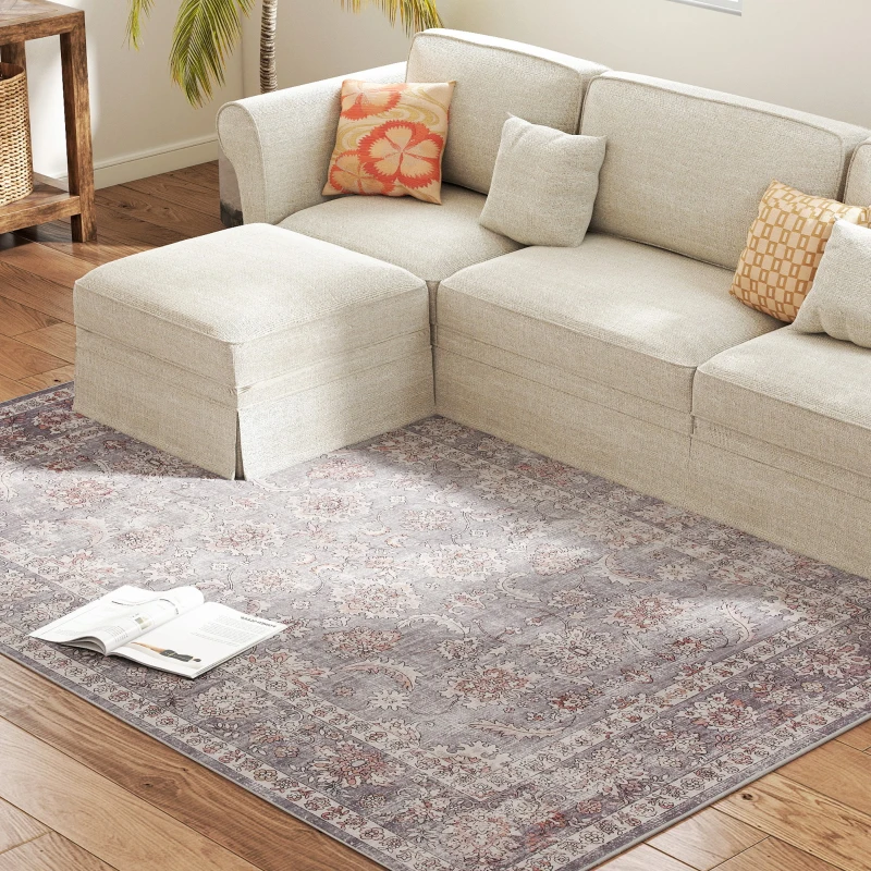HOMCOM Machine Washable Area Rug 5x7, Non-Slip Traditional Flower Print Floor Carpet for Living Room, Bedroom, Grey and Brown