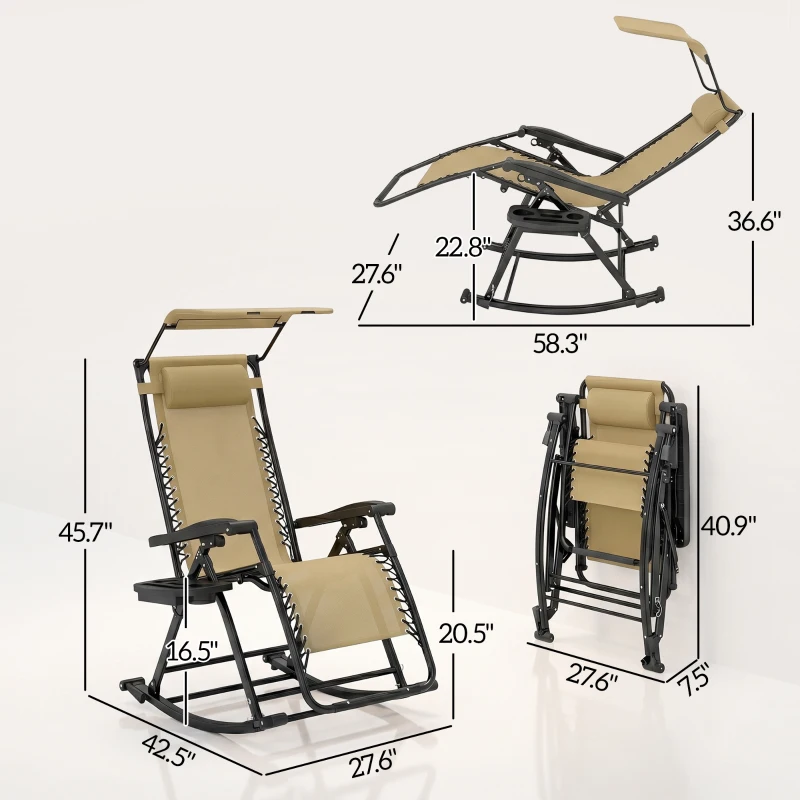 Outsunny Outdoor Rocking Chairs, Foldable Reclining Zero Gravity Lounge Rocker with Pillow, Phone & Cup Holder, Combo Design with Folding Legs, Beige