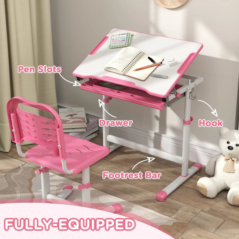 Qaba Height Adjustable Kids Desk and Chairs Set with Tilt Desktop, Storage Drawer, Pen Slot, Hook, Pink