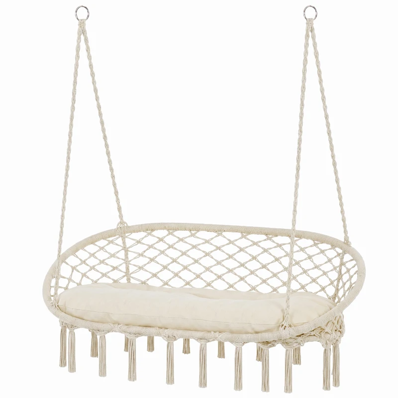 Outsunny 2-Person Hammock Chair Macrame Swing with Soft Cushion, Hanging Cotton Rope Chair for Indoor Outdoor Home Patio Backyard, White