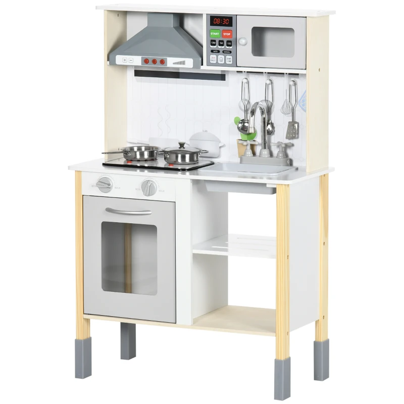 Qaba Wooden Play Kitchen with Realistic Lights and Sounds, Height-Adjustable Kids Kitchen Playset with Microwave, Range Hood, Cooking Accessories, Gift for 3-6 Years Old, White