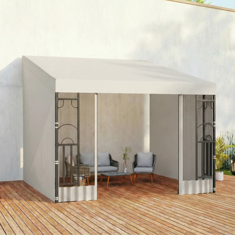 Outsunny 10' x 10' Wall Pergola, Outdoor Gazebo with 2 Curtains and 2 Nettings, UV Resistant, for Patio, Deck, Beige