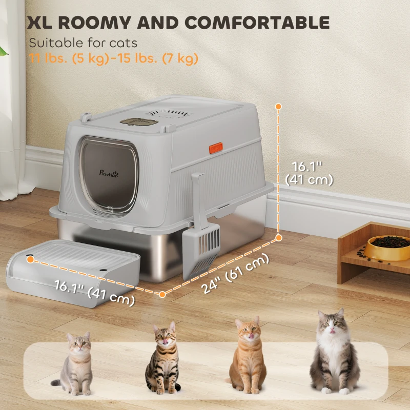 PawHut XL Stainless Steel Cat Litter Box, Kitty Litter Box with Flip Cover, Pedal, Deodorizer, for Big Cats