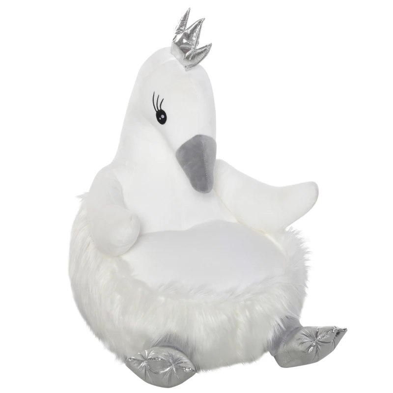 Qaba Stuffed Animal Sofa Armrest Chair Cartoon Storage Bean Bag Chair for Kids with Cute Swan Flannel PP Cotton 22" x 16.5" x 22" White