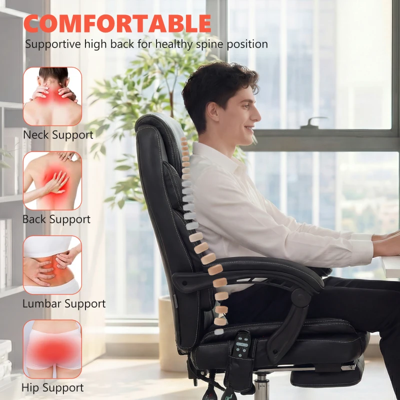 Vinsetto 6 Point Vibration Massage Office Chair, PU Leather Heated Reclining Computer Chair with Footrest, Black