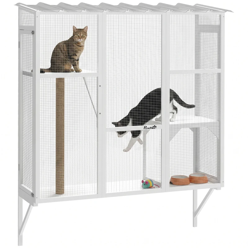PawHut Wooden Catio Outdoor, Cat Window Box Enclosure for 2-3 Large Cats with 2 Jumping Platforms & Scratching Post, White