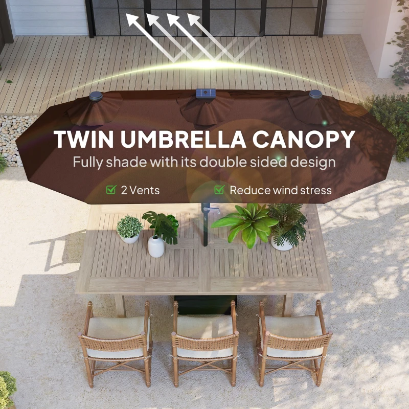 Outsunny 10FT Double-Sided Patio Umbrella with Solar Lights and Sandbag Base, Outdoor Umbrella with Push Button Tilt, Crank, Air Vents for Garden, Backyard, Deck, Pool, Market, Coffee
