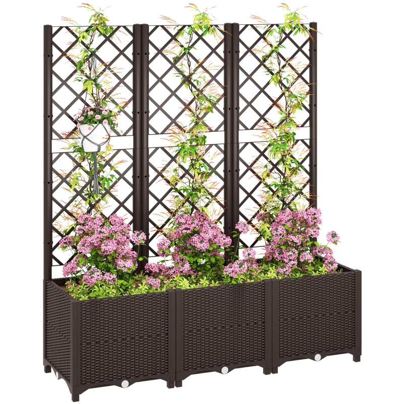 Outsunny Raised Garden Bed with Trellis, Plastic Raised Flower Bed with Drainage Holes and Drain Plugs