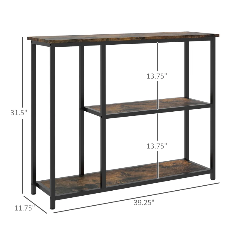 HOMCOM 39" Console Table, Entryway Table with 2 Storage Shelves, Steel Frame, Narrow Sofa Table for Living Room, Brown