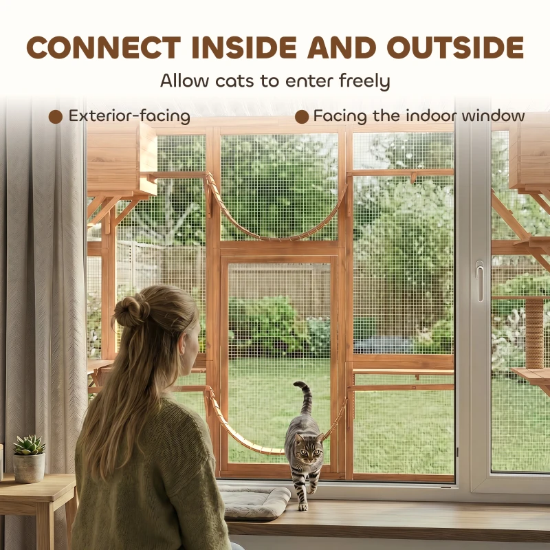 PawHut Large Outdoor Catio with Condos, Platforms, Doors, Ladders, Weather-Resistant Roof, Orange