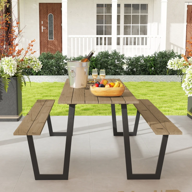 Outsunny 5.7 FT Outdoor Picnic Table with 2" Umbrella Hole, Spruce Wood Dining Table and 795 LBS Benches with Steel Frame, Brown