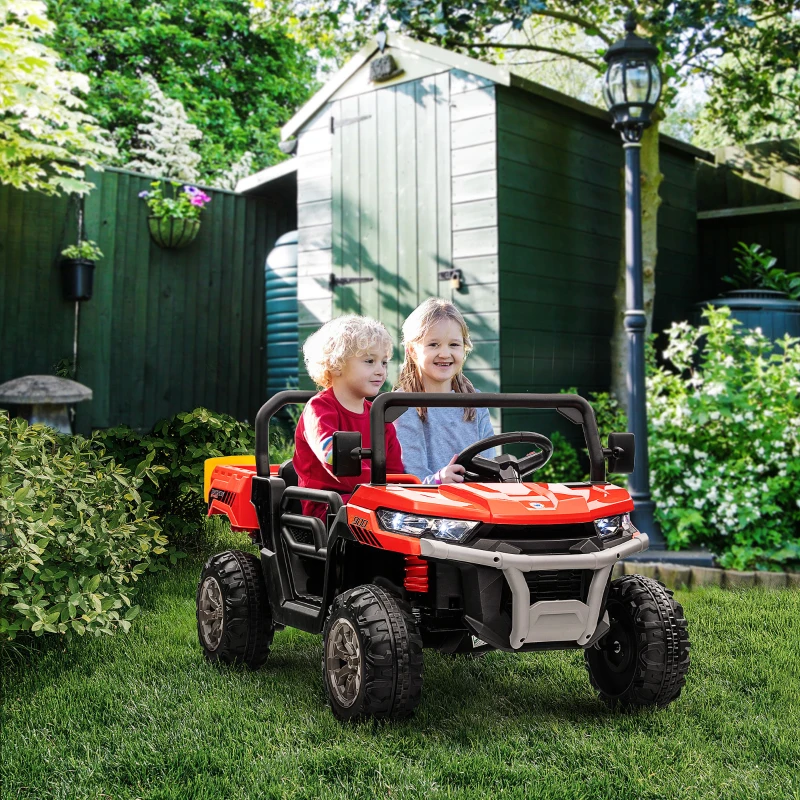 Aosom 12V Ride on Car with Electric Bucket, Two-Seater, Shovel, Remote Control, Spring Suspension, Horn, Music, Red